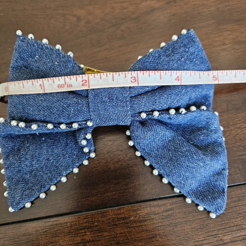 J.Crew Denim Bow Pearl Lined Barrette, Blue/ White